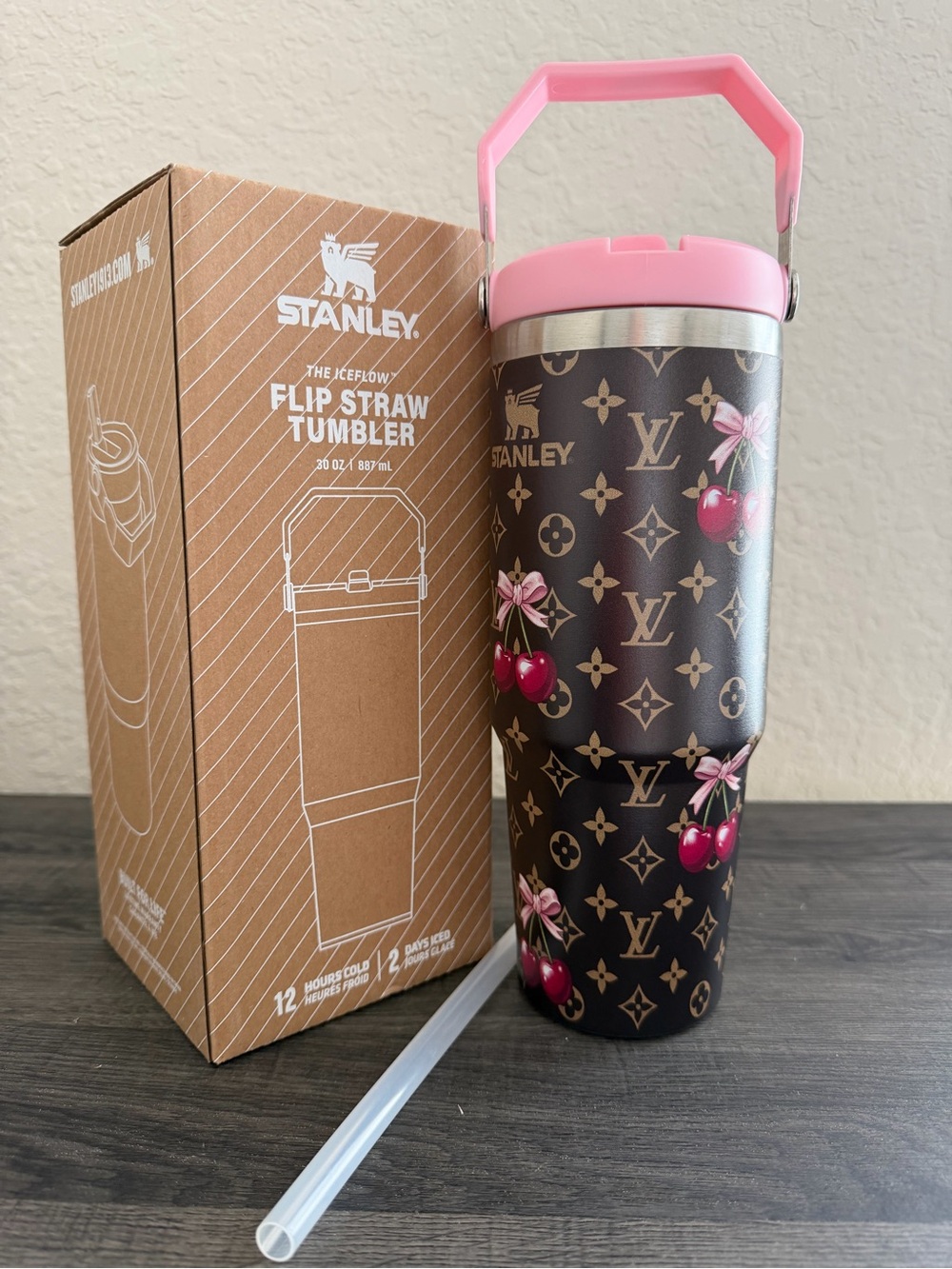 30 oz Cherry & Bow Flip Straw Tumbler with Pink Handle